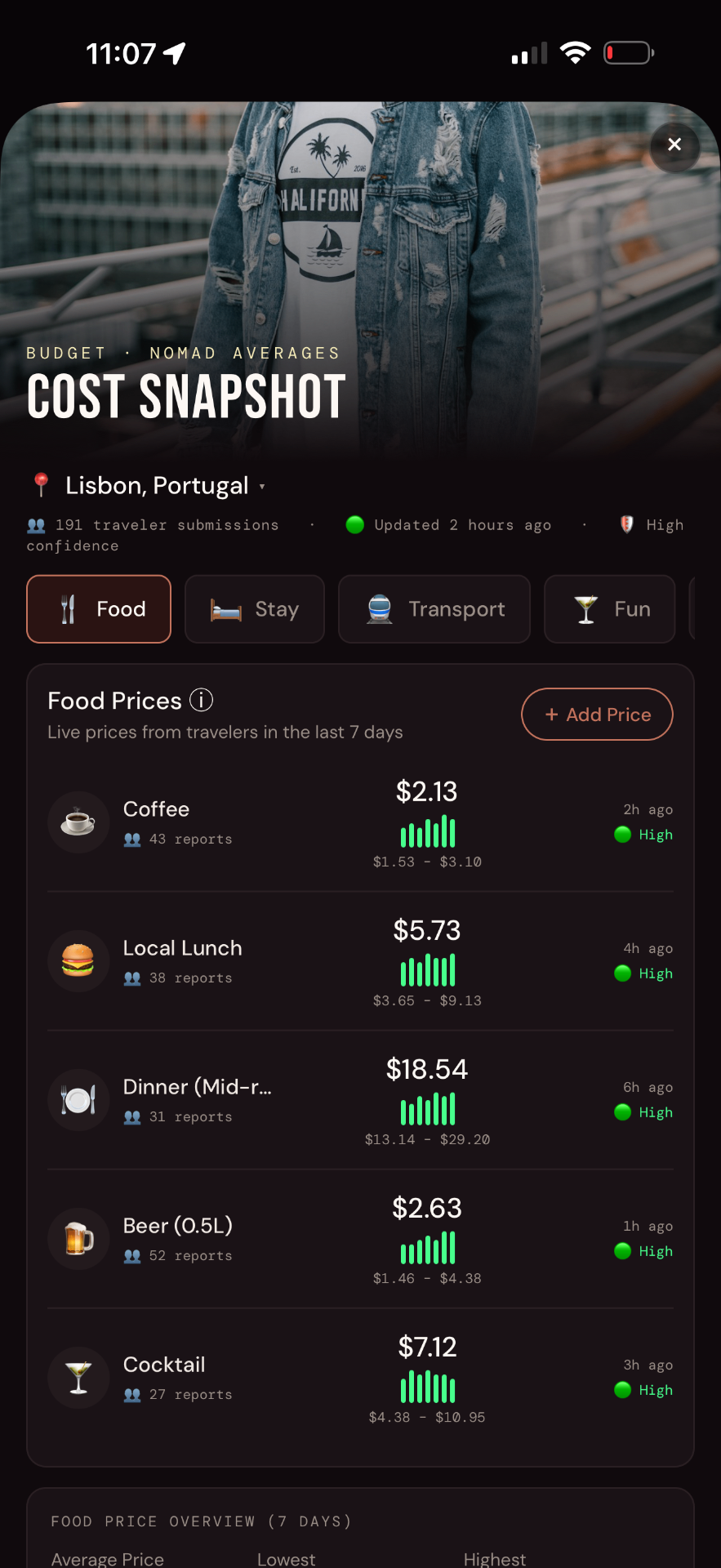 Outbound traveler cost snapshot